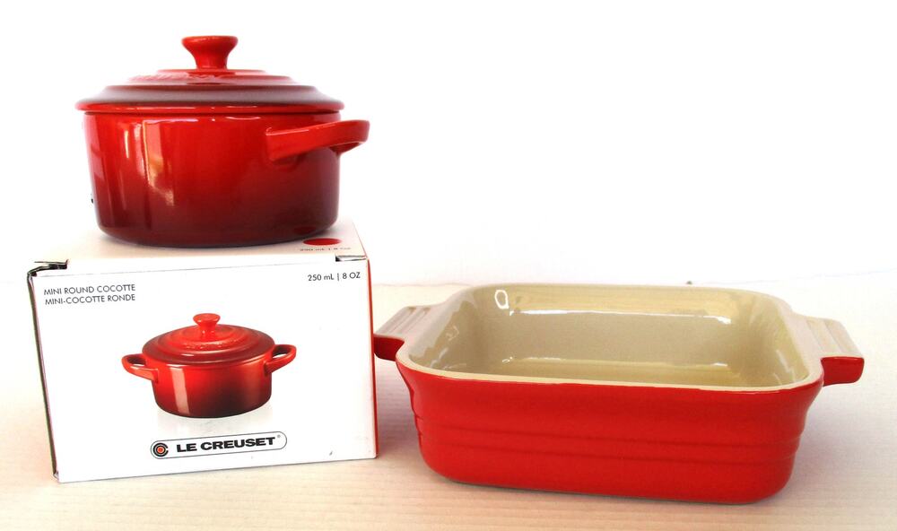 NIB LE CRUESET Mini Covered Round Cocette and 4-Inch Baking Dish Red Cast Iron